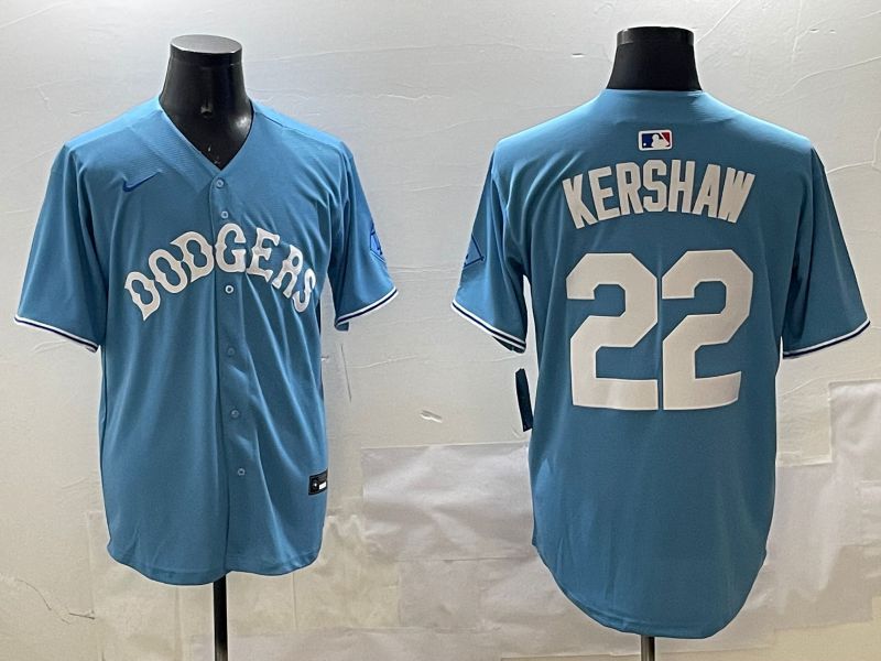 Men Los Angeles Dodgers 22 Kershaw Light Blue Joint Name 2025 Nike MLB Jersey style 1